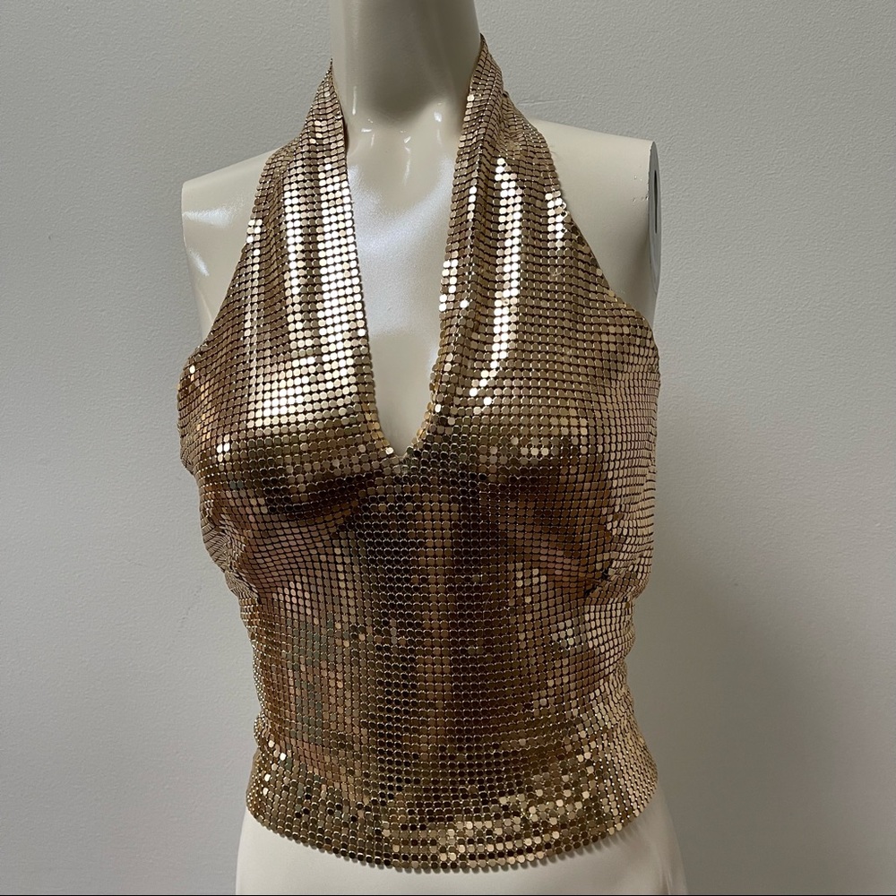 Bisou Bisou by Michele Bohbot Sexy gold metal sequin mesh halter Sz: M